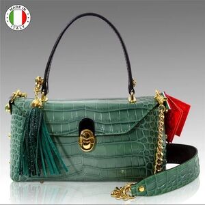 Marino Orlandi Retro Elegant Green Crocodile-Embossed Leather Purse Tote Handbag